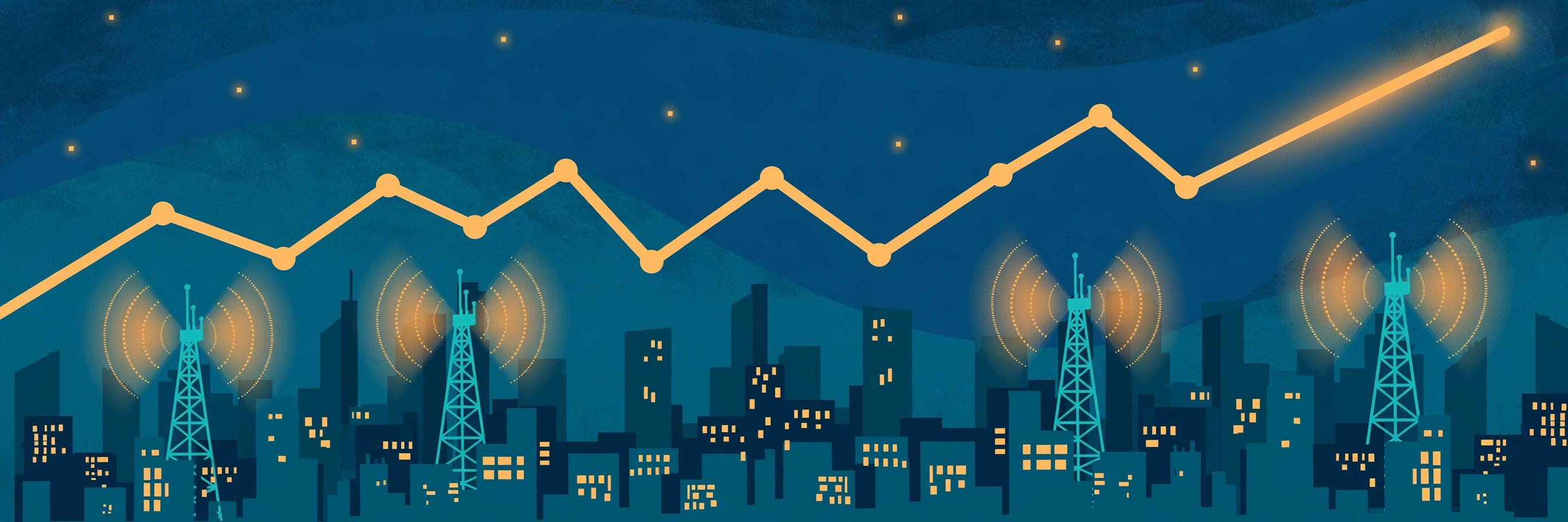 Illustration of a rising stock-market chart above a city skyline with generic mobile network towers and signal waves