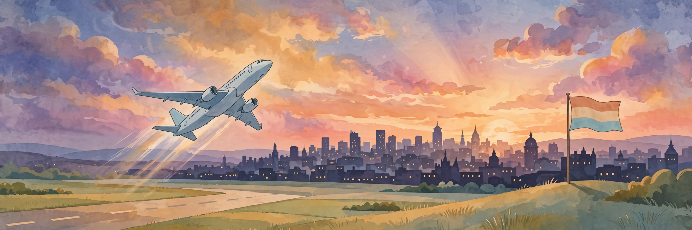 Illustration of an aeroplane taking off at sunset over a city skyline, no real people