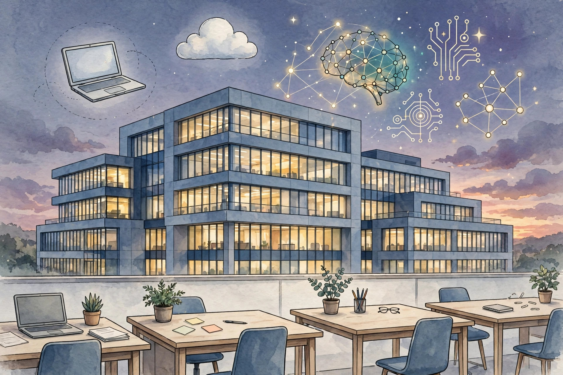 Illustration of a modern office building at dusk with generic laptop, cloud and AI symbols floating above, empty desks in the foreground
