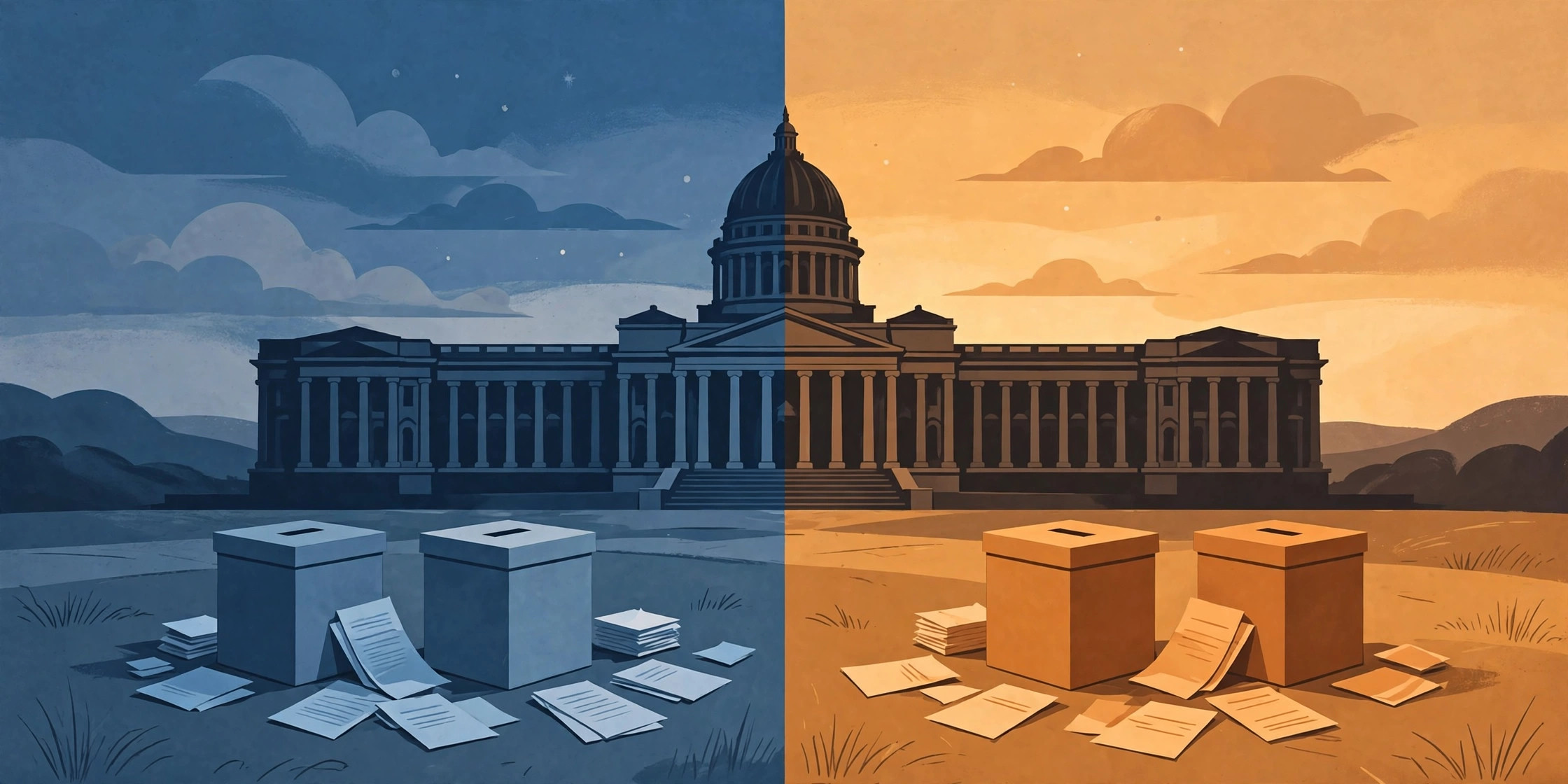 Illustration of a parliament building silhouette at dusk with generic ballot boxes and voting papers in the foreground, in divided blue and warm tones suggesting a tied election