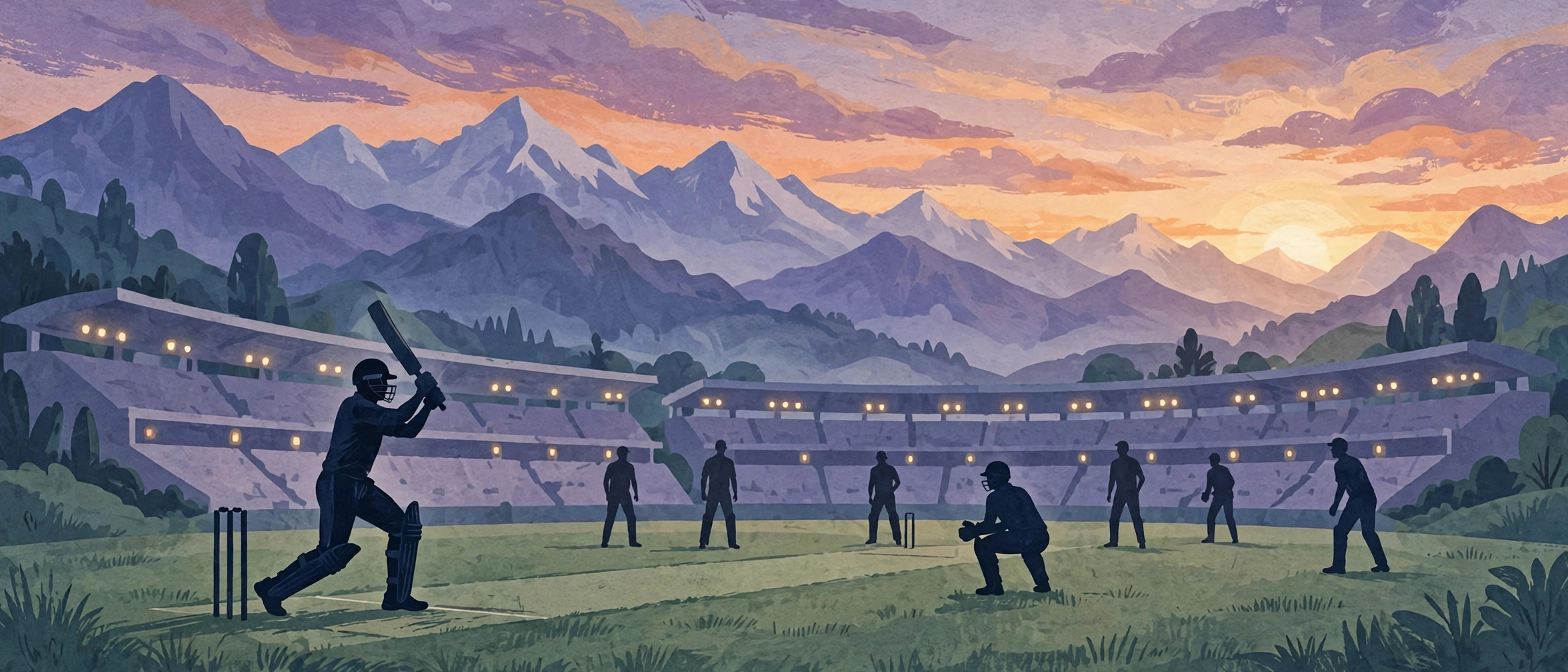 Illustration of a cricket batsman playing a shot at a stadium with mountains behind, players shown as generic silhouettes