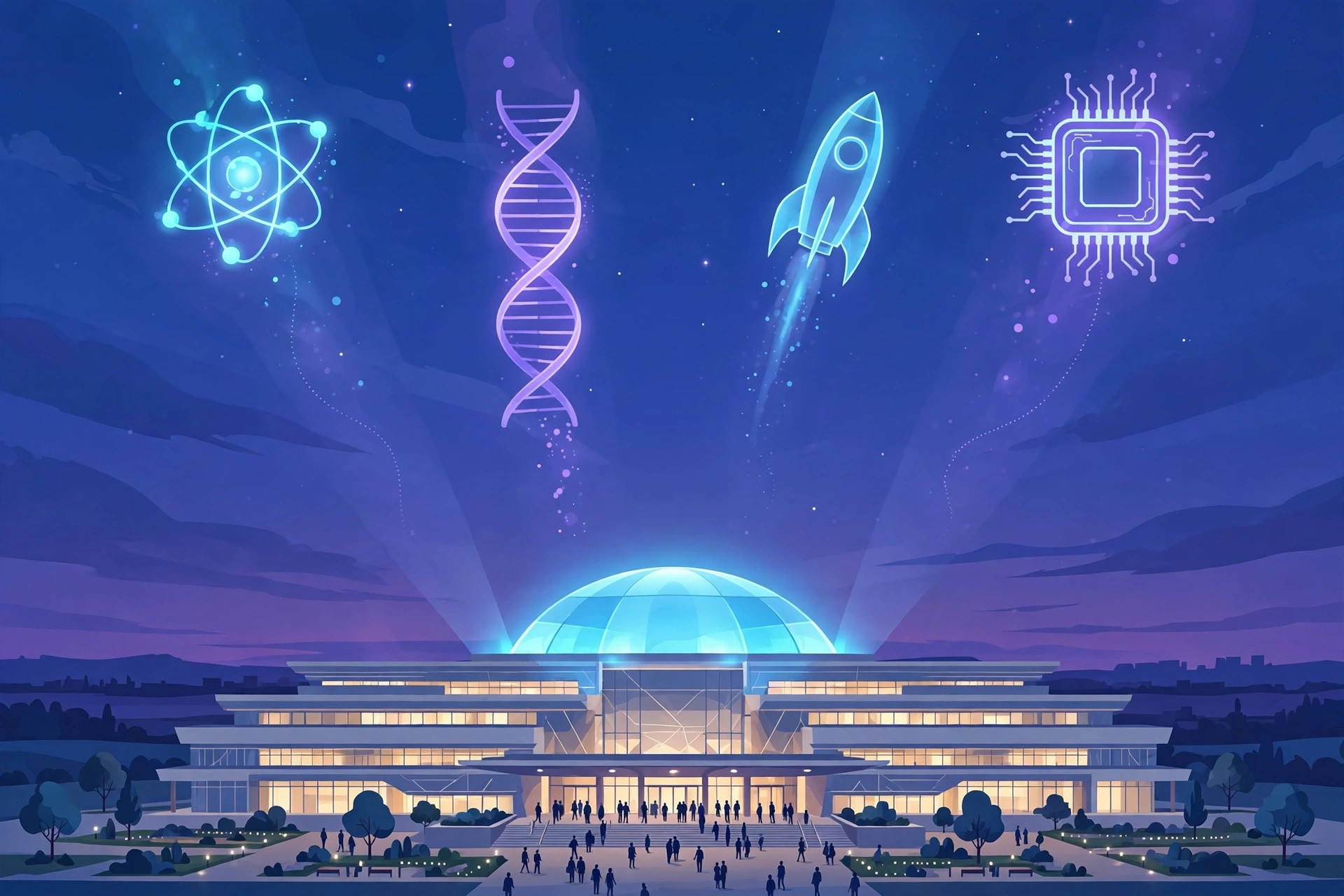 Illustration of a modern science conclave hall with a glowing dome at twilight, holographic atom, rocket, DNA and microchip symbols rising into a deep blue sky