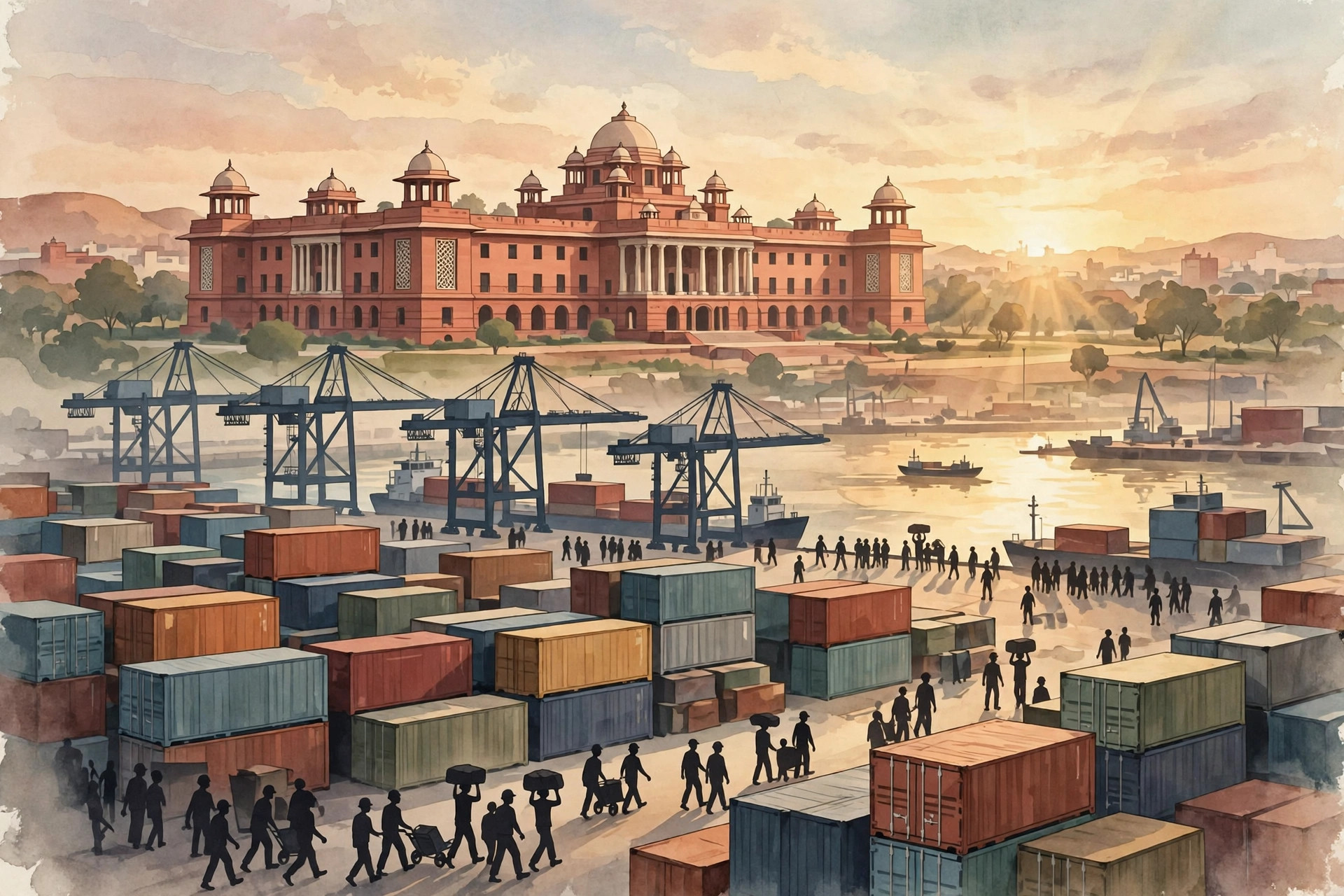 Illustration of a government building in New Delhi with shipping containers stacked at a port in the foreground