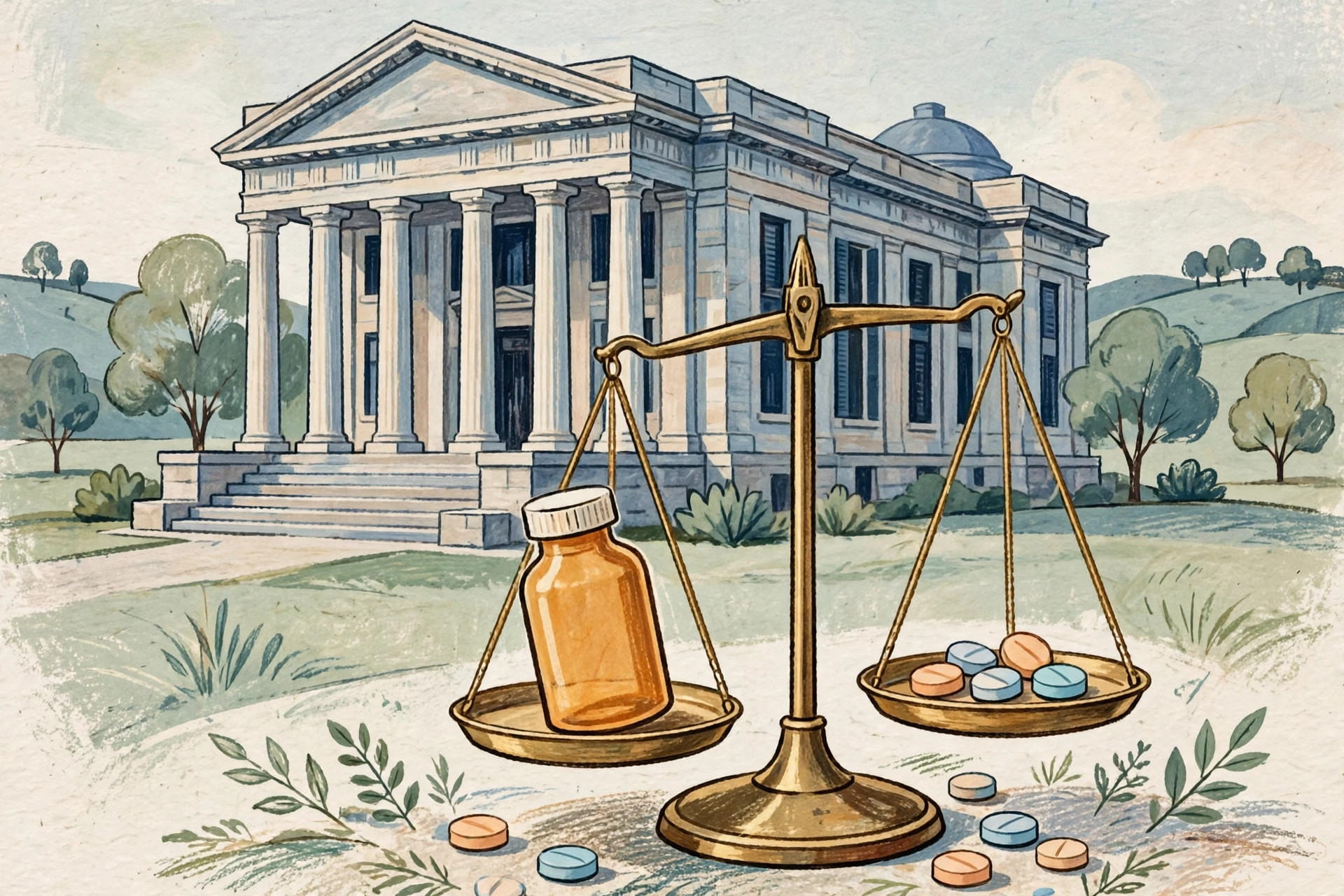 Illustration of a courthouse building with columns and a generic medicine bottle and pills on a scale