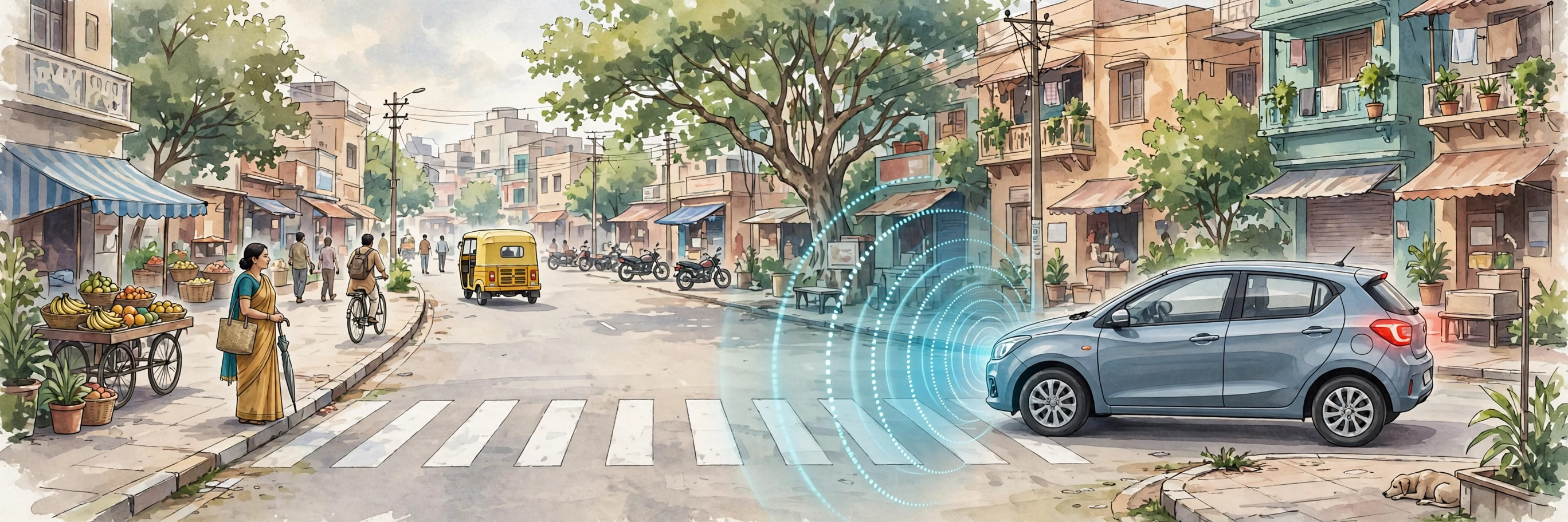 Illustration of a family car braking automatically as a pedestrian crosses ahead, sensor waves drawn around the vehicle